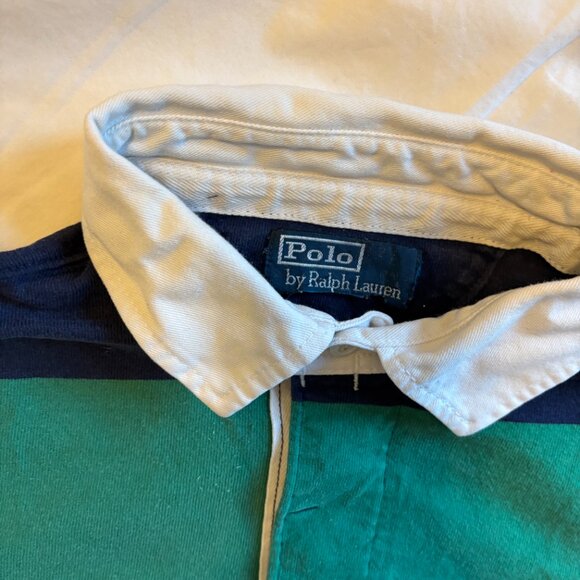 Ralph Lauren POLO  GREEN & BLUE STRIPED Rugby Shirt -80's 90's - Picture 4 of 6